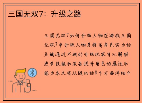 三国无双7：升级之路