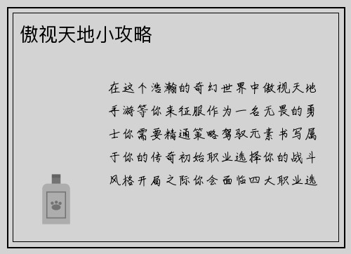 傲视天地小攻略