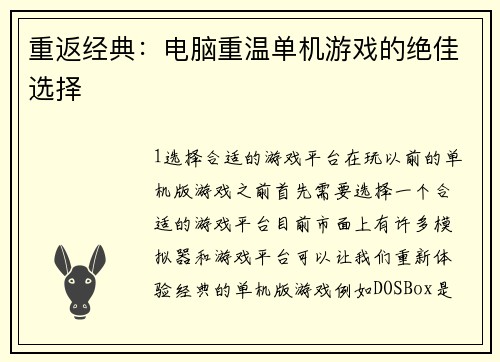 重返经典：电脑重温单机游戏的绝佳选择